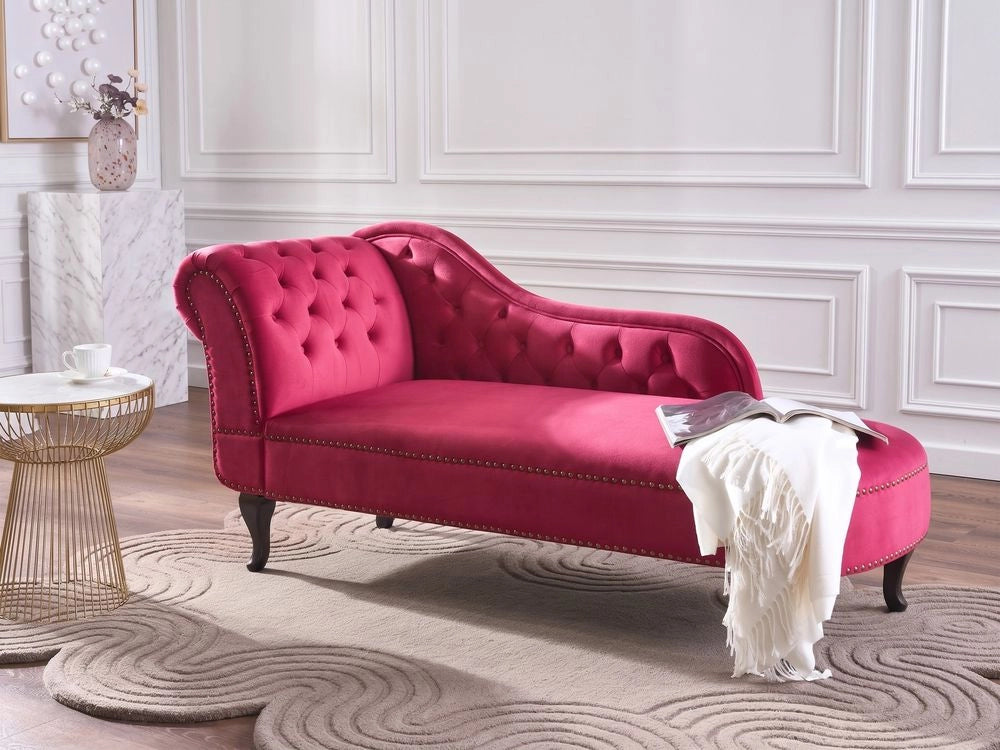 Chaise longue Bordeaux versione sinistra Velluto Abbottonato soggiorno Stile Chesterfield