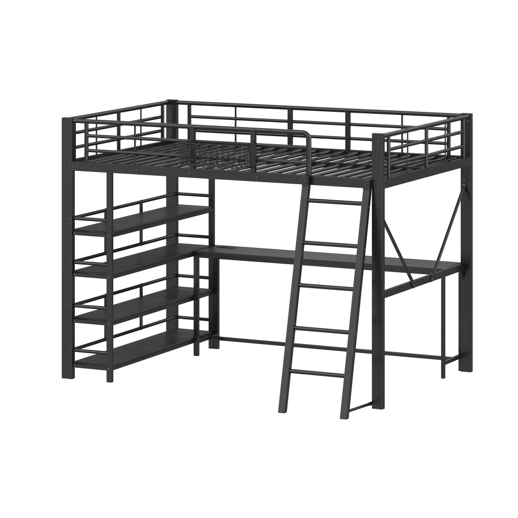 Letto a Soppalco 140x200 cm; Letto Matrimoniale - Scrivania; LED e Mensole - in Metallo e MDF - Nero