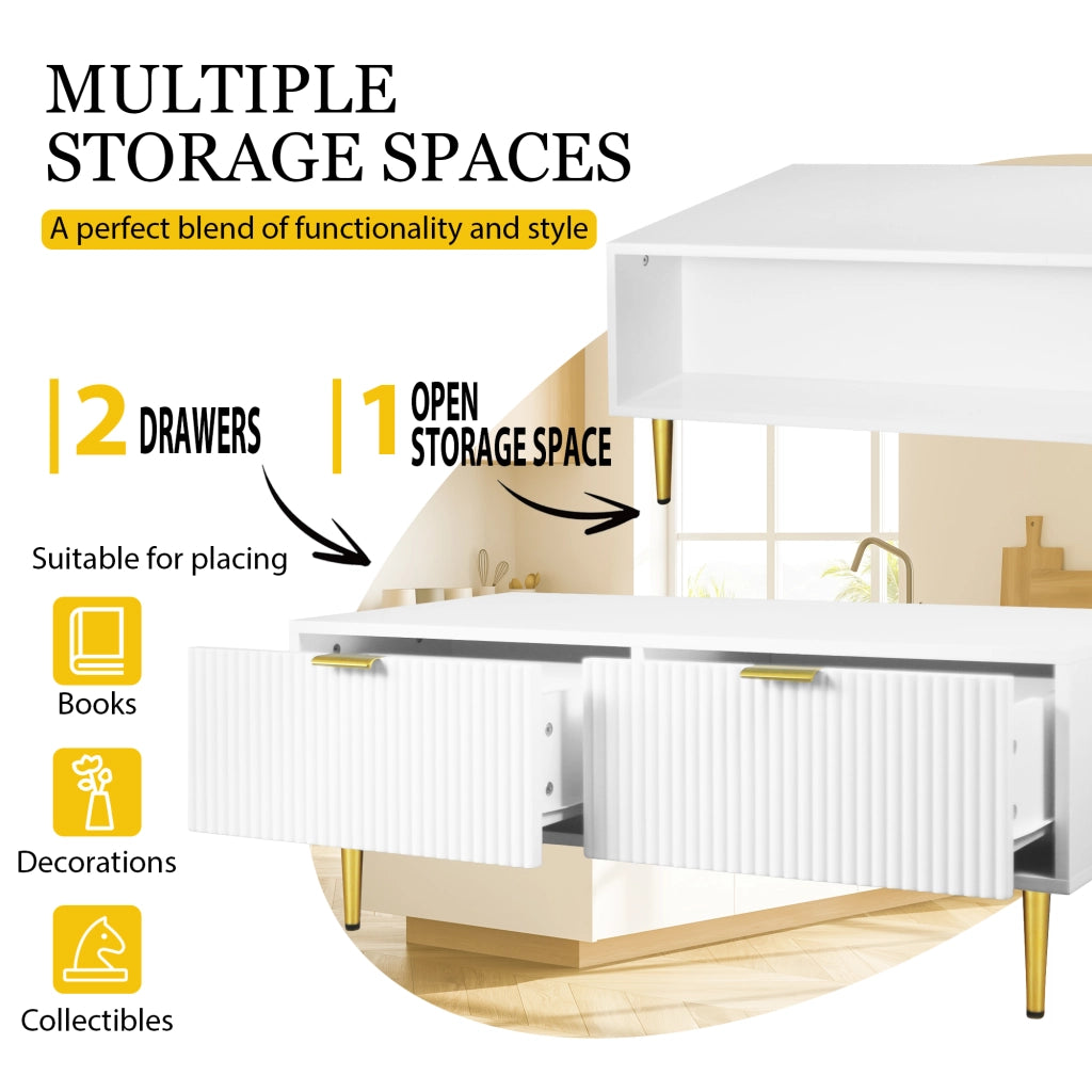 Tavolino basso con 2 cassetti e finitura a strisce verticali per soggiorno in MDF, bianco e oro, 100 × 50 × 40 cm
