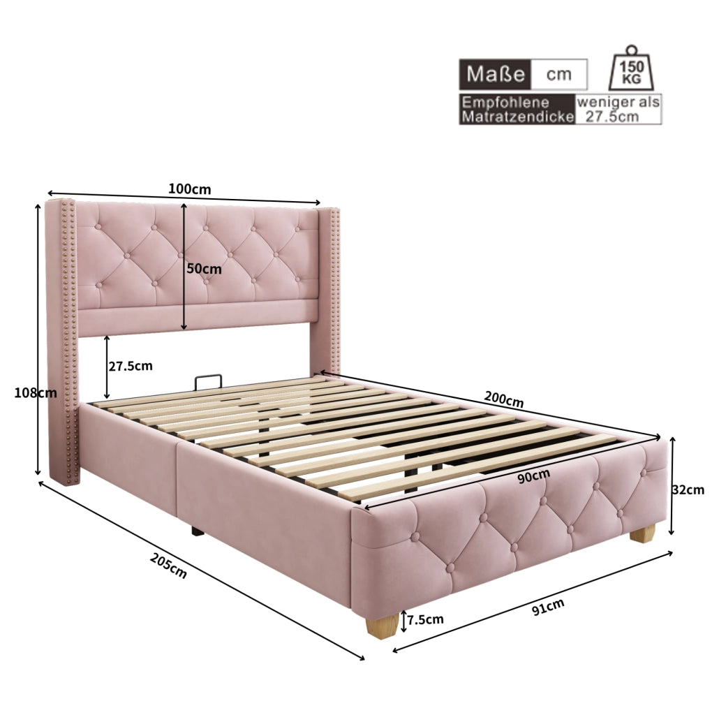 Letto imbottito 90x200 cm in velluto rosa con testiera capitonné e rete a doghe