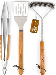 Set di griglia in acciaio inossidabile con manico di legno - Set di griglia con spazzola per griglia e pinza - Lunghezza extra 45 cm - Per gasgrilla o barbecue a carbone