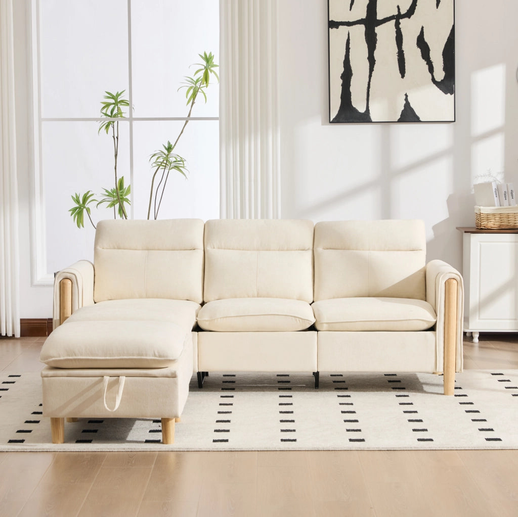 Divano modulare a L 3 posti con pouf contenitore; ciniglia beige e chaise longue reversibile
