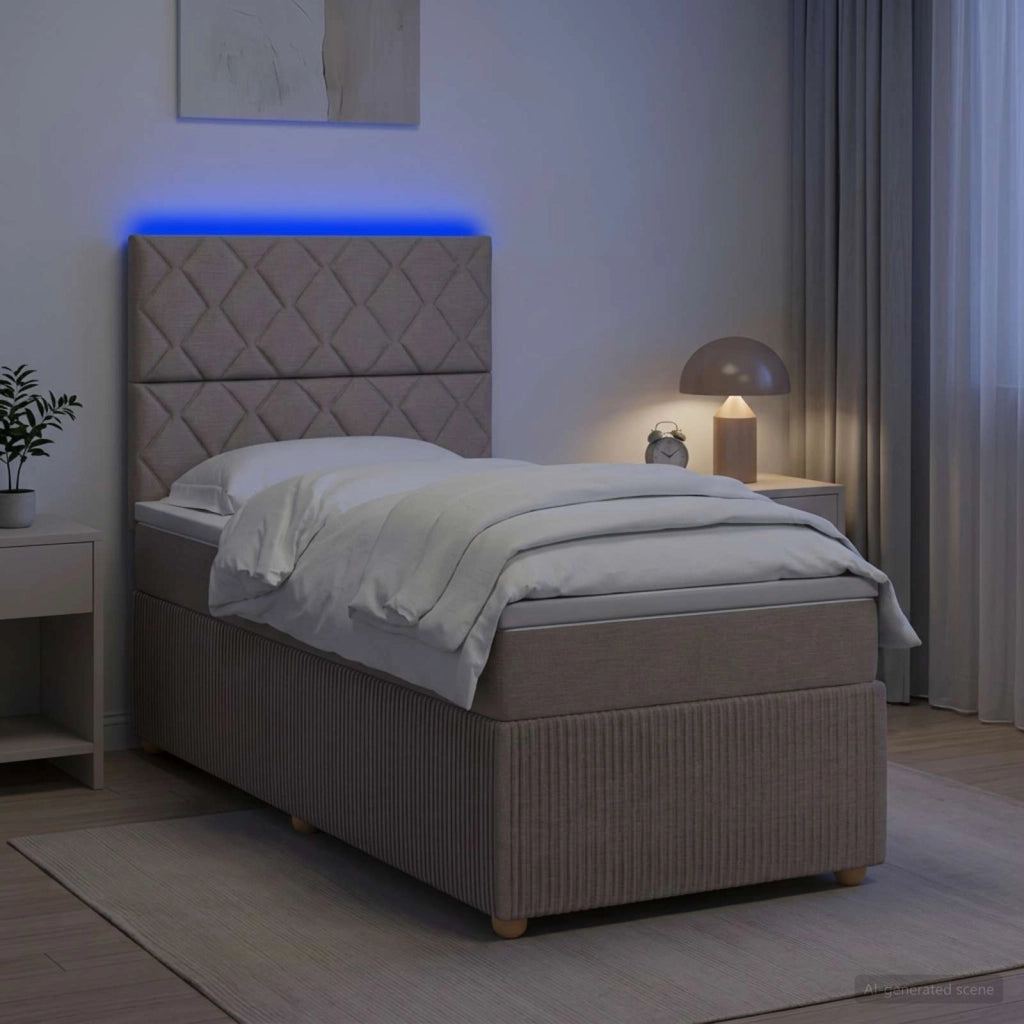 Letto Box Spring LED con Materasso Tortora 90 x 200 cm Tessuto 3455780