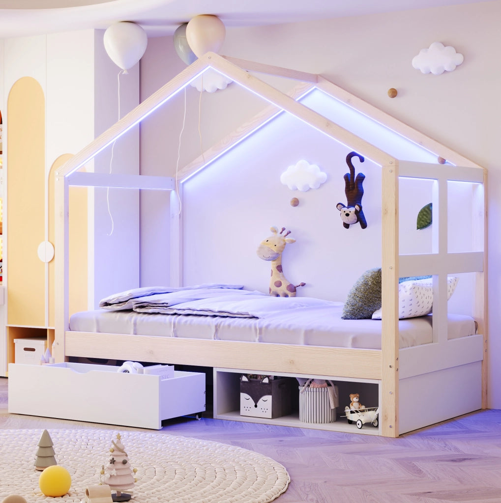 Letto singolo a casetta 90x190 cm con cassetto, scarpiera e LED