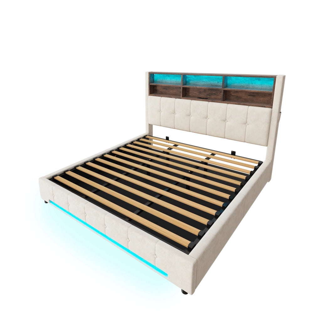 Letto imbottito 180x200 cm con contenitore; LED e USB-C in velluto beige