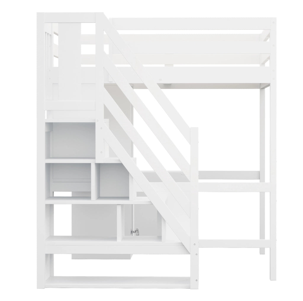 Letto a soppalco 140x200 cm con scrivania; scala contenitore; scaffali; LED e prese EU; bianco