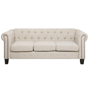 Divano Chesterfield Rivestimento in tessuto beige Gambe in legno scuro 3 posti