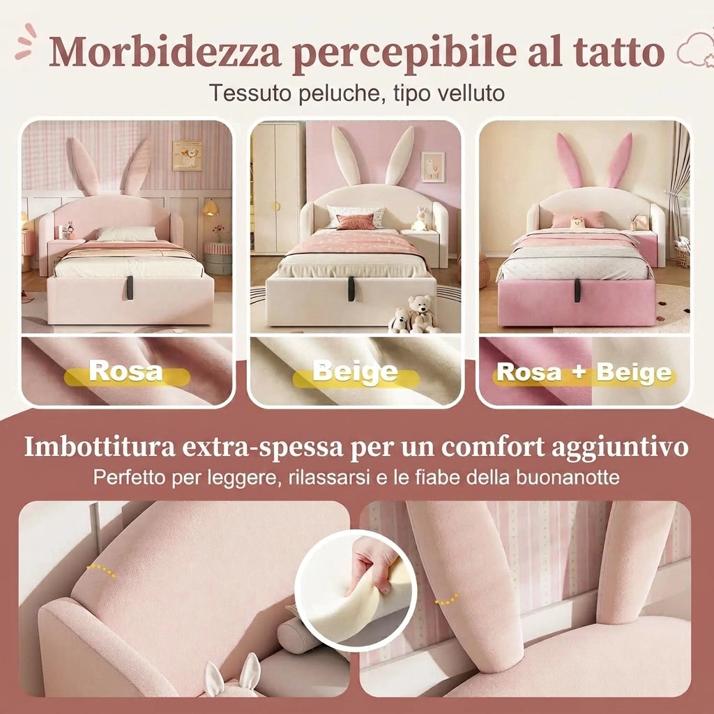 Letto singolo 90x200 con contenitore e comodino; design orecchie da coniglio; in velluto; rosa