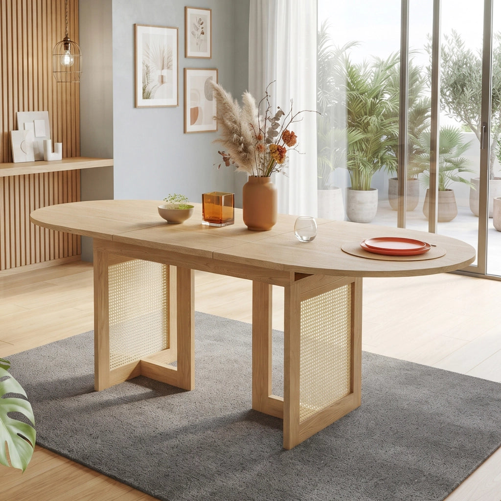 Tavolo da pranzo allungabile per 6-8 persone con bordi arrotondati, gambe effetto rattan, in MDF, rovere