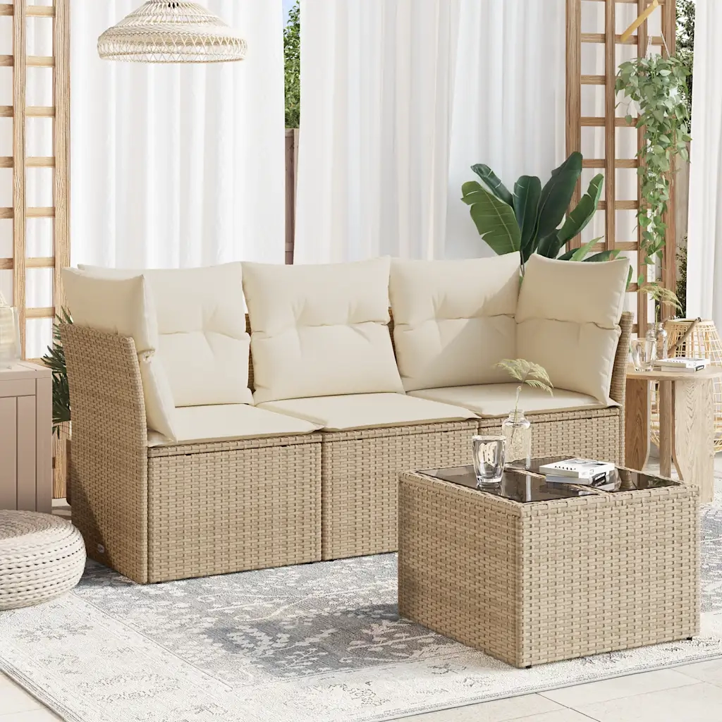 Set Divano da Giardino 4 pz con Cuscini Beige in Polyrattan 3217218