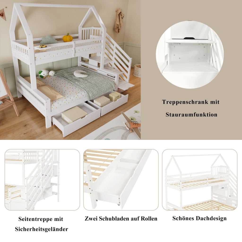 OKWISH Letto a Castello 90×200 cm e 140×200 cm, Letto 3 Posti con 2 Cassetti, Scala Contenitore e Spondine, senza Materasso, Bianco