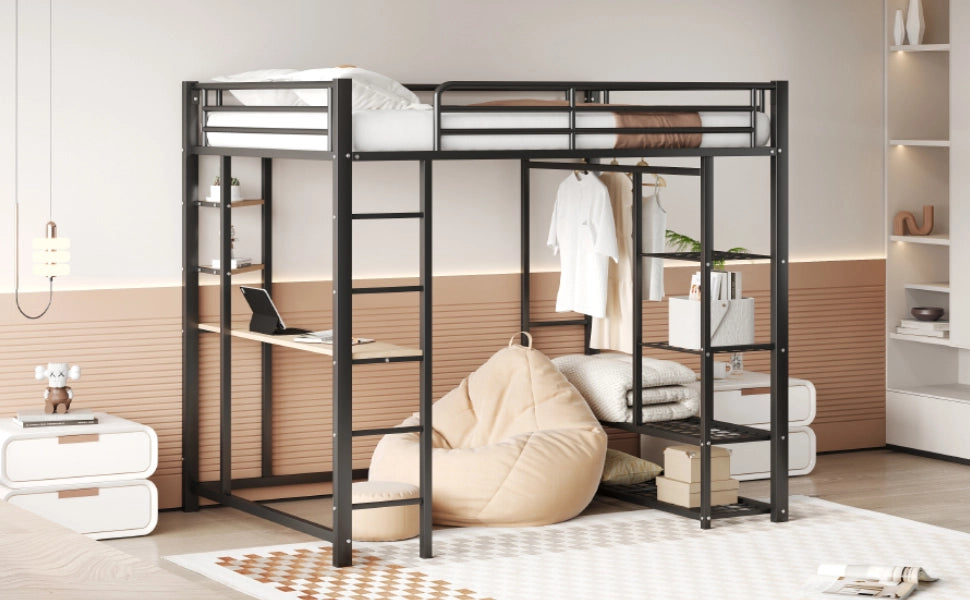 Letto a castello doppio nero con funzione scrivania e appendiabiti in metallo 140x200 cm