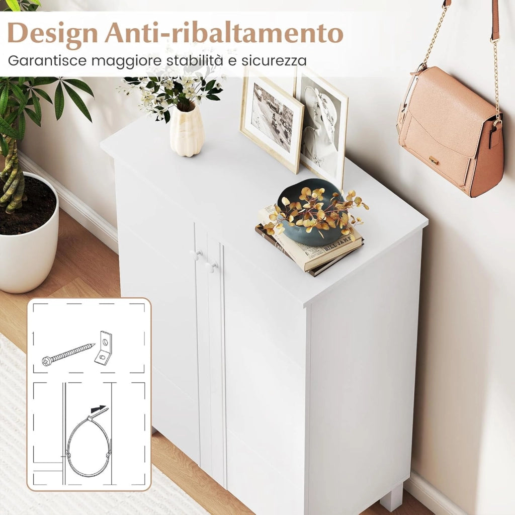 Scarpiera a 4 Ripiani, Mobile Porta Scarpe con Mensole Rimovibili e 2 Ante, Scaffale Portascarpe per Ingresso Soggiorno Camera da Letto, 60x33,5x90 cm
