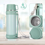 Fiaschetta termica 1,5 l, termoskan con 2 tazze, fiaschetta termica a doppia parete in acciaio inox, impermeabile e robusta, grande termoskan, per campeggiare o escursioni, con manico robusto e cinturino di trasporto, 24 ore calda.