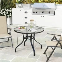 Tavolino da Giardino Rotondo con Foro per Ombrellone, in Metallo e Vetro Temperato, Ø96.5x71 cm, Nero