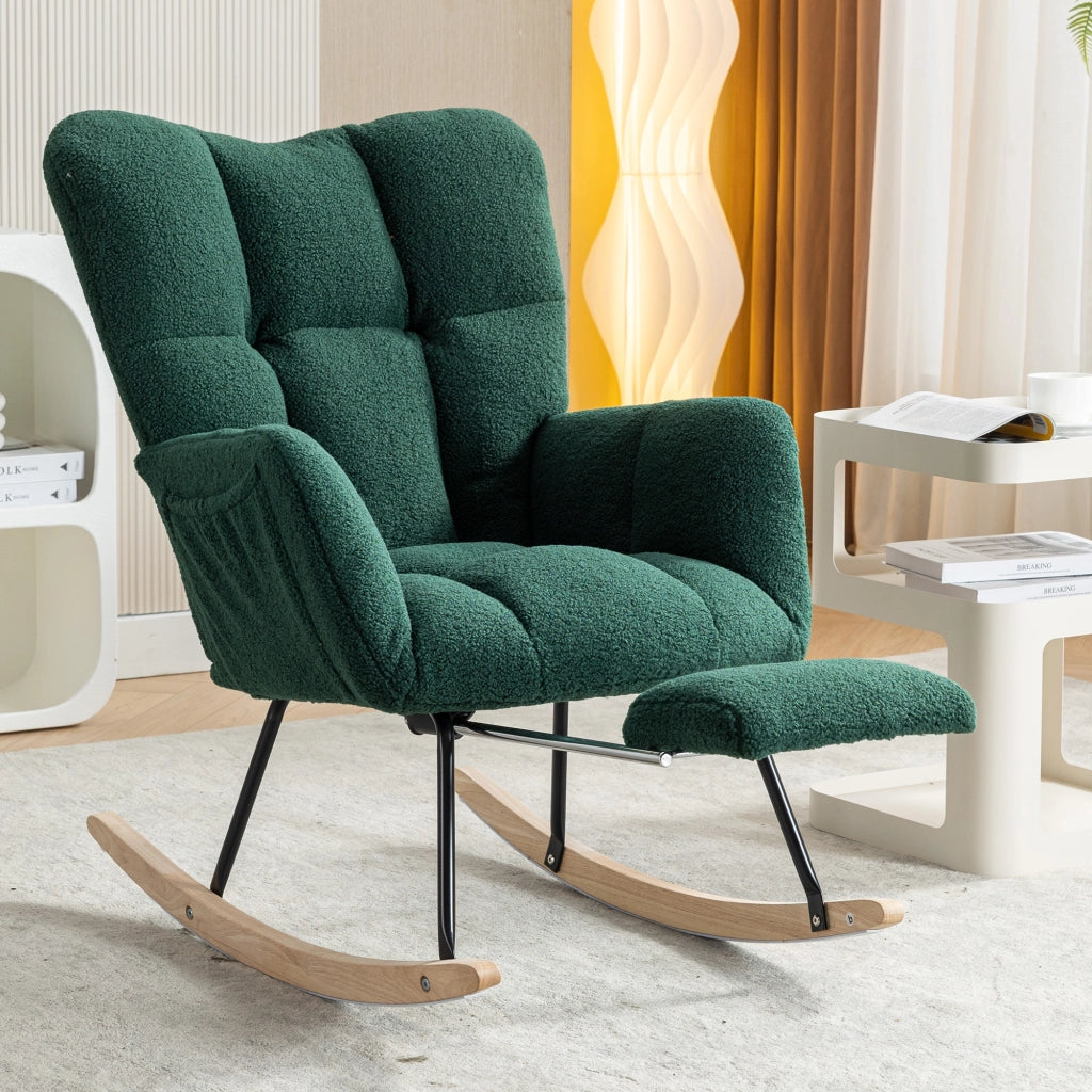 OKWISH Sedia a Dondolo con Poggiapiedi Pieghevole, Schienale Alto Ergonomico e Braccioli Imbottiti, Teddy Verde