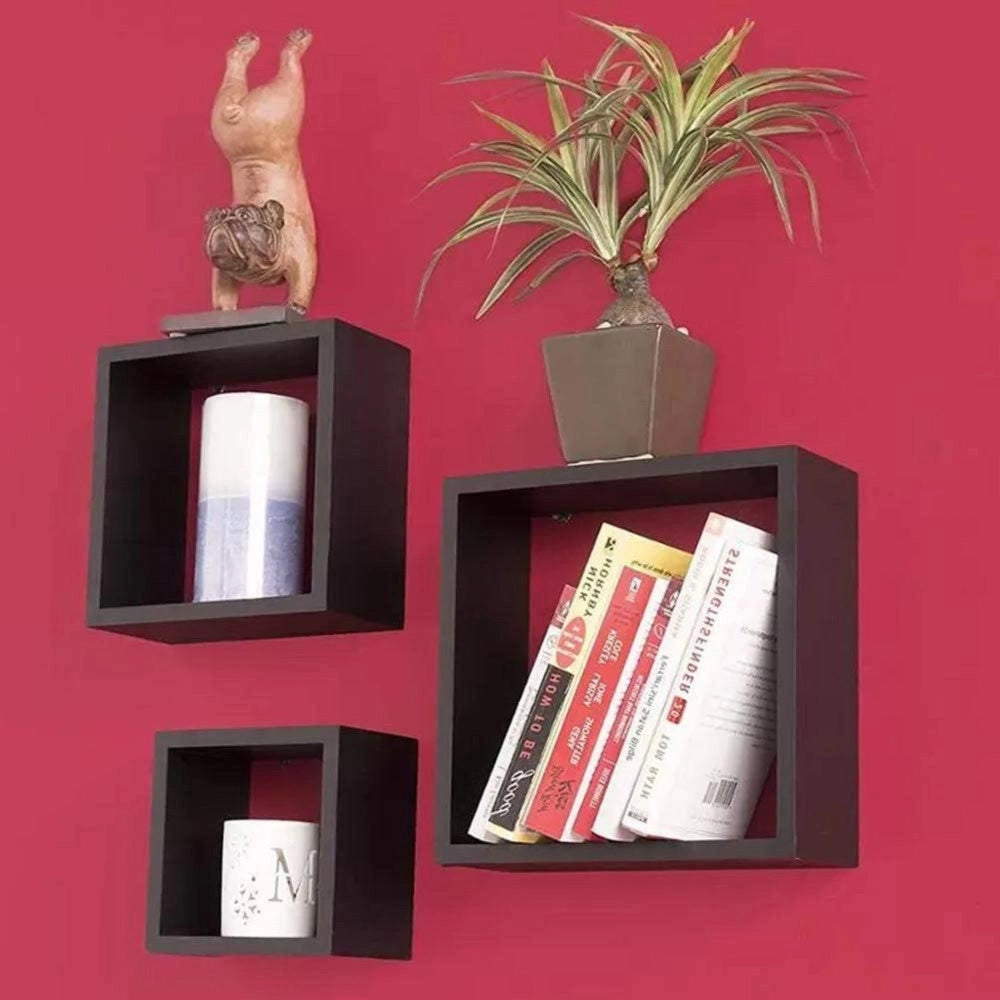 Trade Shop - Set 3 Mensole Da Parete Moderne Design Cubo Mensola Scaffale In Legno Mdf Nero -