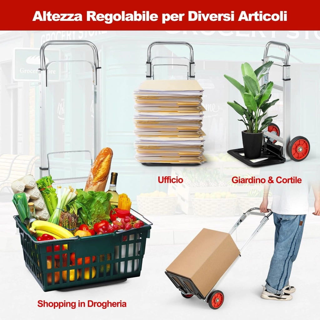 Carrello a Mano in Alluminio Pieghevole e Portatile, Carrello Portapacchi con Manico Telescopico Pieghevole e 2 Ruote in Gomma, Capacità di Carico 100 kg, per Casa, Giardino e Magazzino