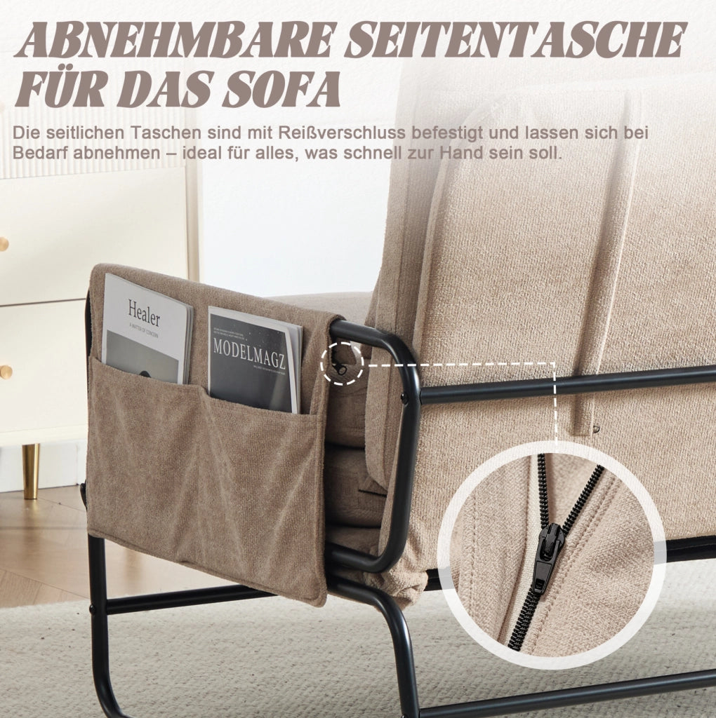 Divano letto 2 posti trasformabile in chenille kaki con struttura in metallo; 104x85x92 cm