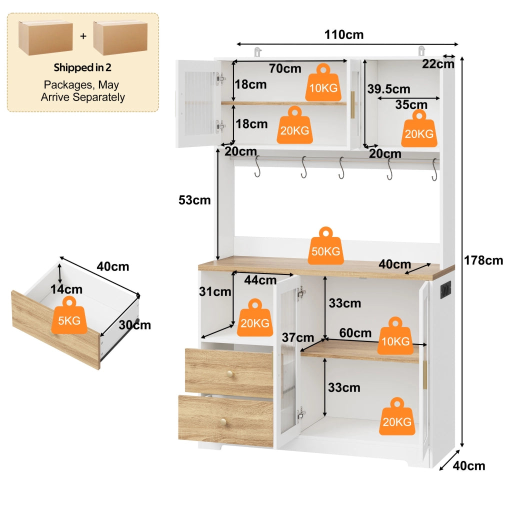 Credenza cucina 110x40x178 cm con LED e prese; vetri temperati; MDF naturale e bianco