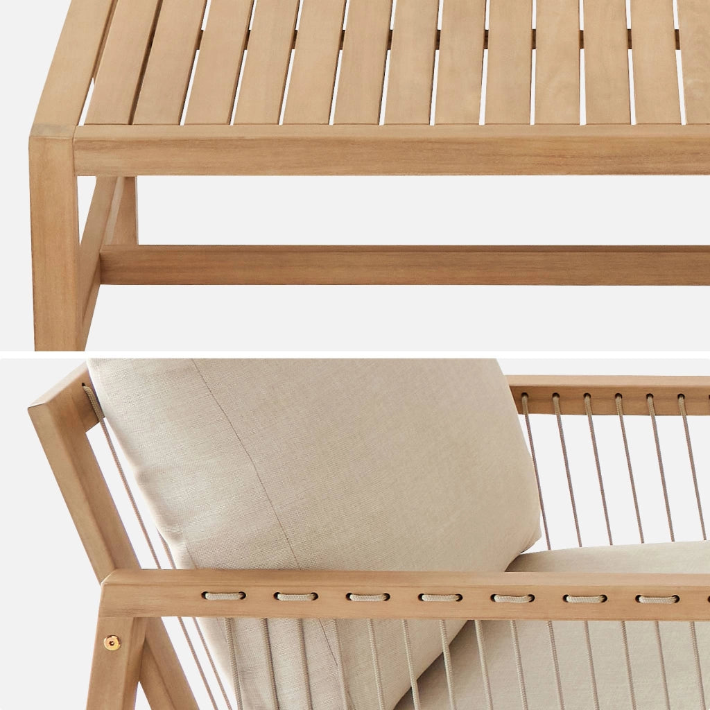 Salotto da giardino in legno e corda, 4 posti, beige