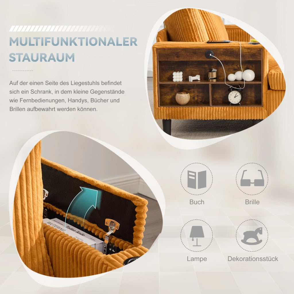 Méridienne con portabicchieri, luci LED, vano portaoggetti e porta USB in velluto a coste giallo senape 129 × 170 × 70 cm