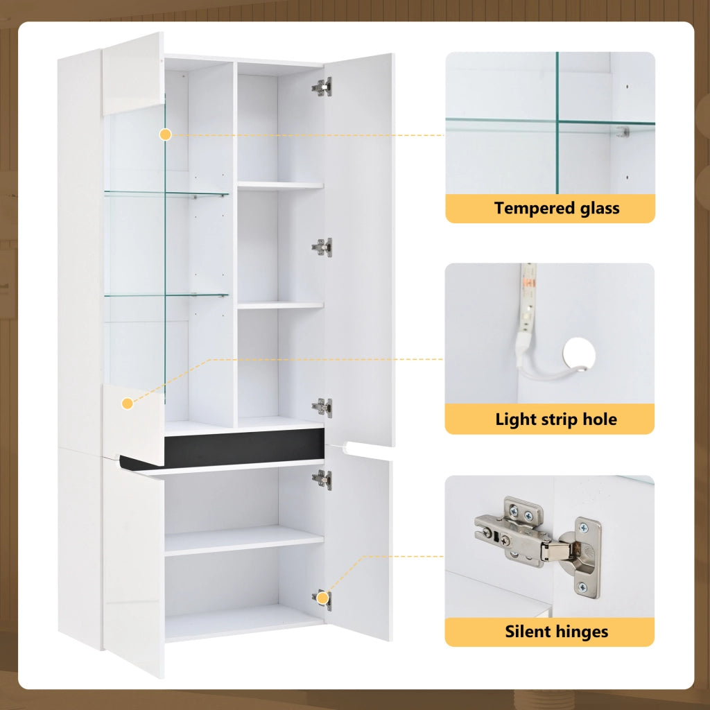 Vetrina verticale con LED Bluetooth; 4 ante; 80 x 35 x 180 cm; MDF bianco
