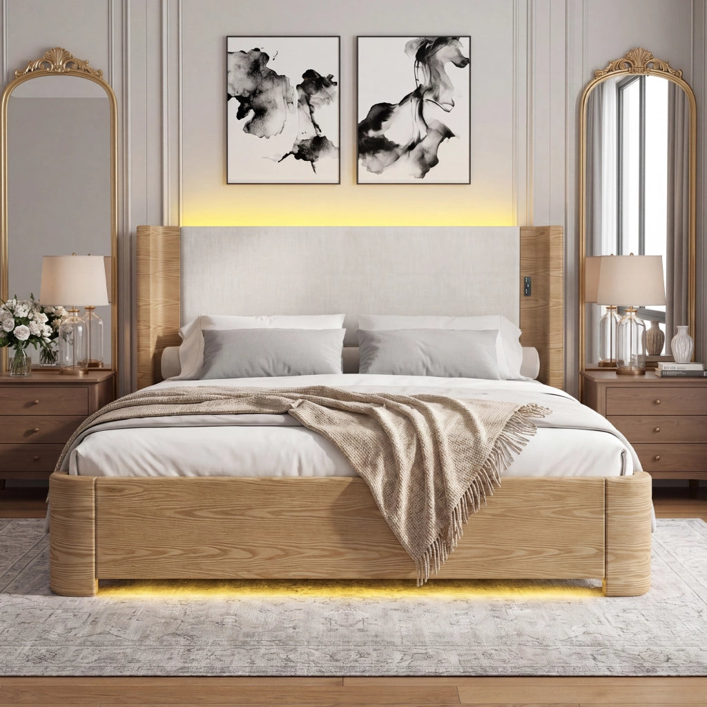 Letto matrimoniale 180x200 cm con contenitore idraulico e LED beige