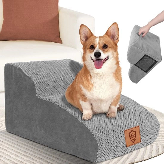 Trappola per cani con 2 gradini, Trappola antiscivolo e impermeabile per cani, Pendio per cani per divano e letto con copertura rimovibile e lavabile, Sostegno per animali, colore grigio
