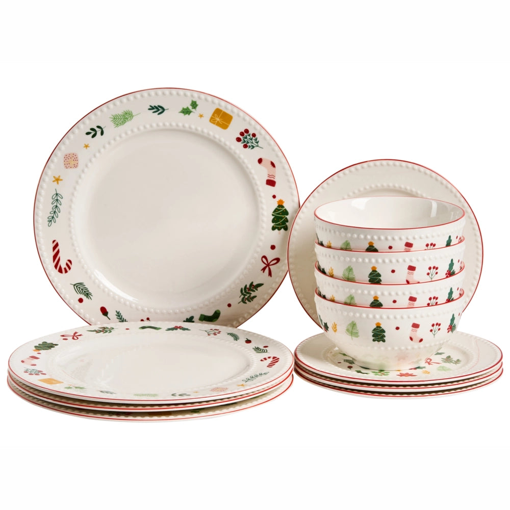 Set di 12 pezzi Porcellana bianca Finitura smaltata reattiva fatta a mano Servizio per 4 persone Effetto martellato Natale Cucina Sala da pranzo