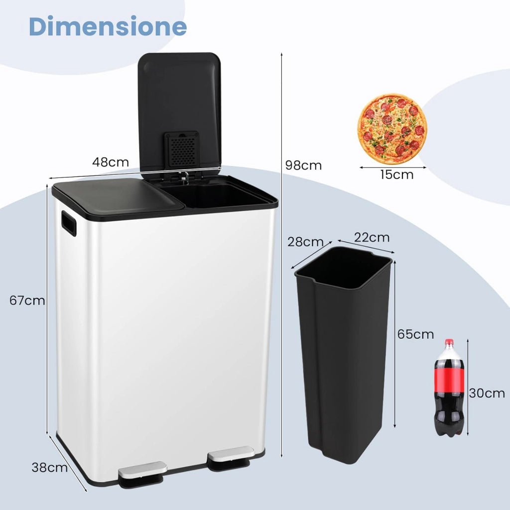 2x30 L Pattumiera Differenziata, Bidoni Differenziata in Acciaio Inox a 2 Scomparti, Anti-Impronte, Secchio Spazzatura con Coperchi a Chiusura Morbida, per Casa Ufficio (Bianco)