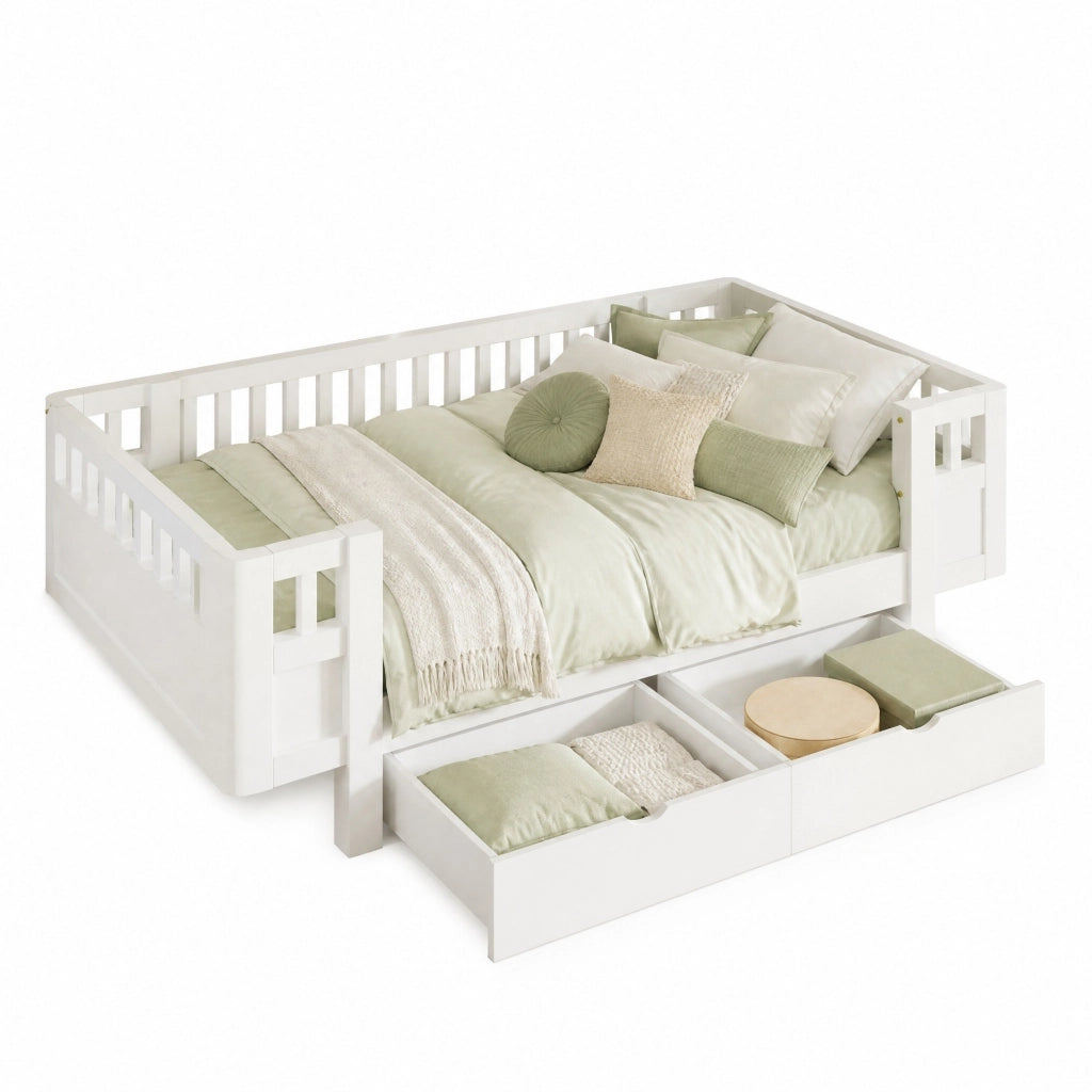 Letto singolo a piattaforma 90x200 cm con barriera alta e due cassetti; bianco