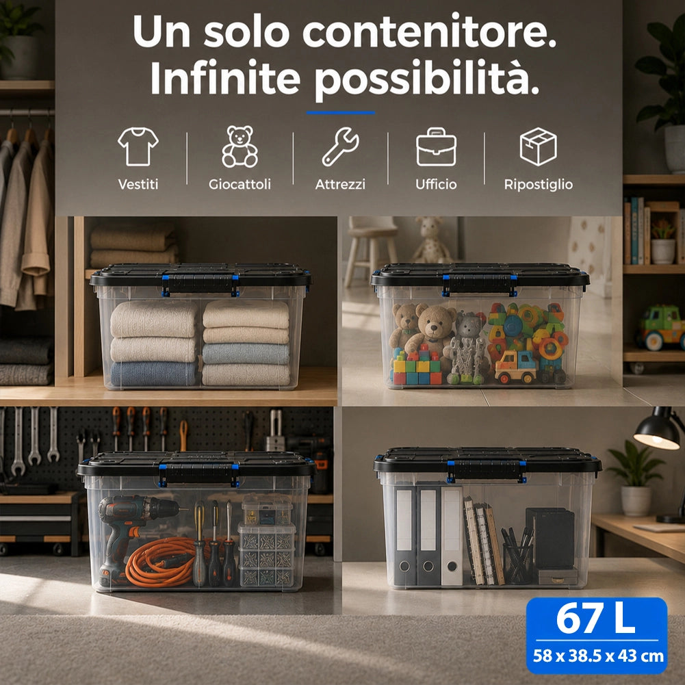 Set 4 Pezzi Contenitori con Coperchio 58x38,5x43 cm Storage Box Solid Cargo Capienza 67L in Plastica