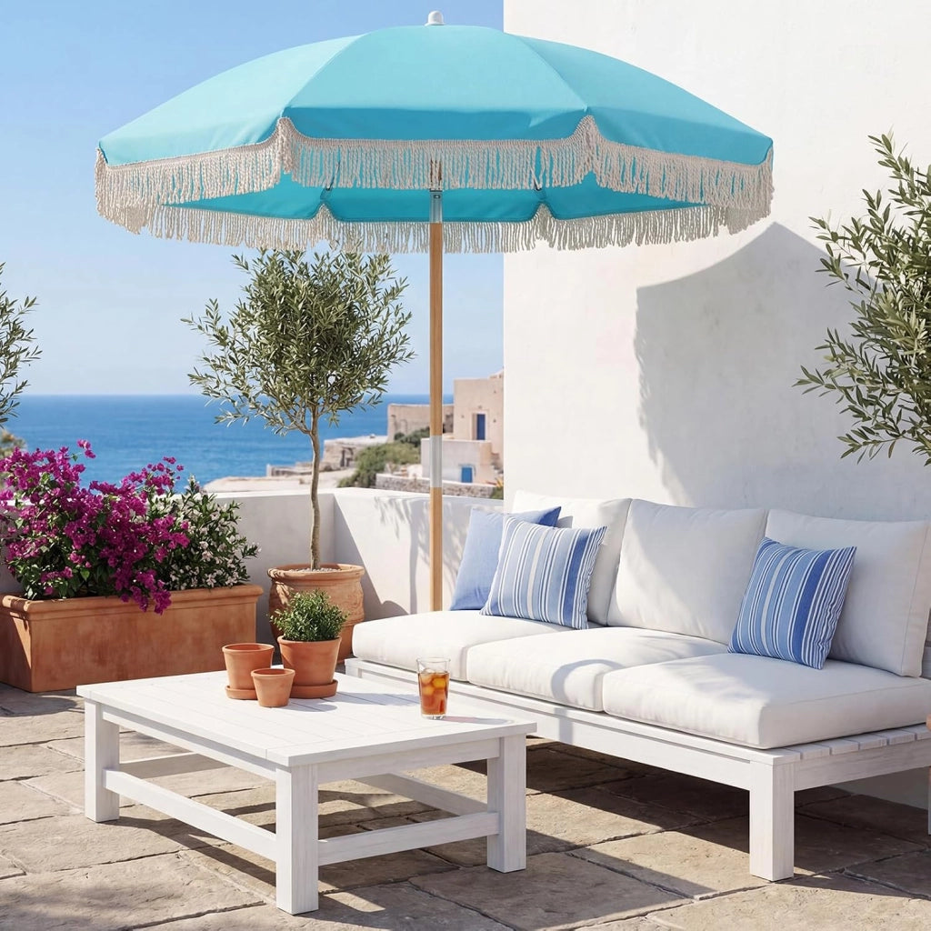 Ombrellone da Spiaggia 180 cm, Inclinabile Regolabile 30°, Palo in Legno, 8 Stecche in Fibra di Vetro, Ombrellone per Giardino, Piscina, Terrazza (Blu)
