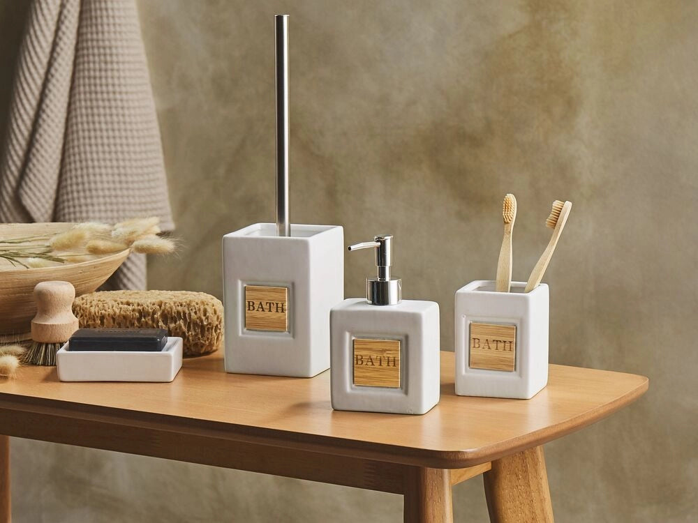 Set di 4 Accessori Bagno in Ceramica beige e legno chiaro dispenser sapone portasapone Bicchiere Portaspazzolino