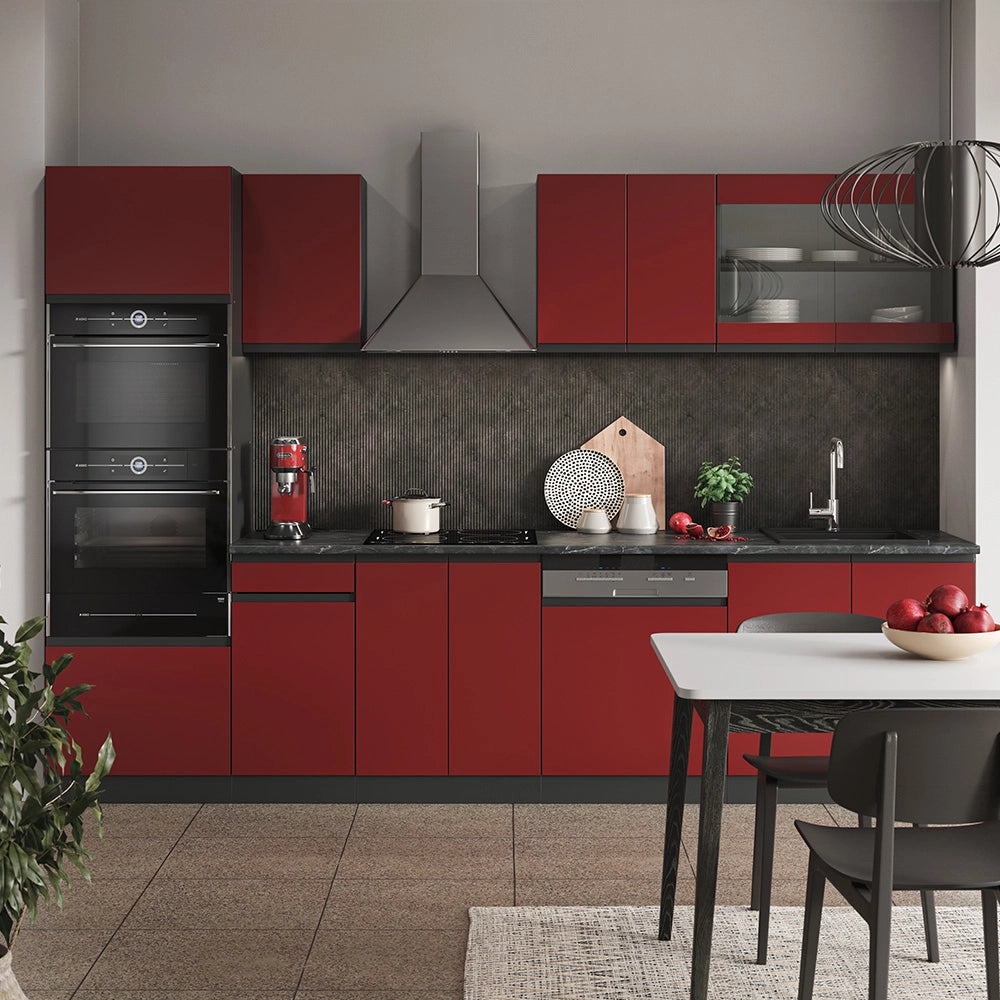 Cucina componibile R-Line Rosso/Antracite 300 cm J-Shape con armadio alto, PL Marmo Vicco