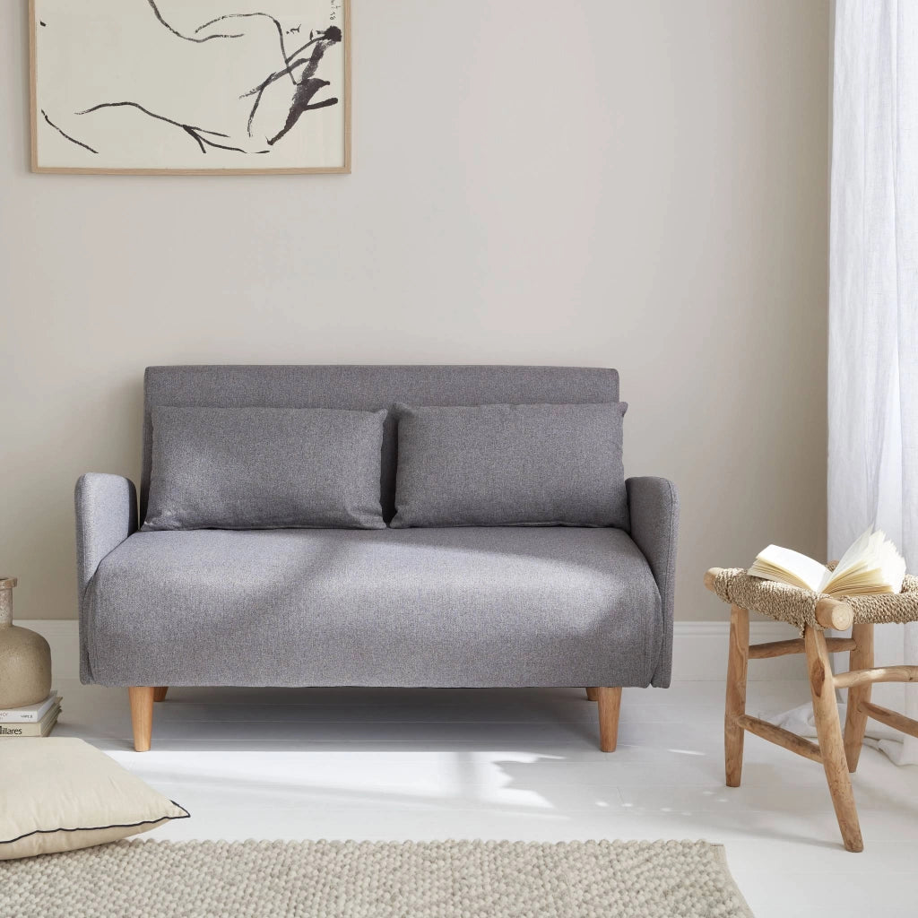 Divano letto clic-clac in tessuto con gambe in legno, 2 posti, grigio