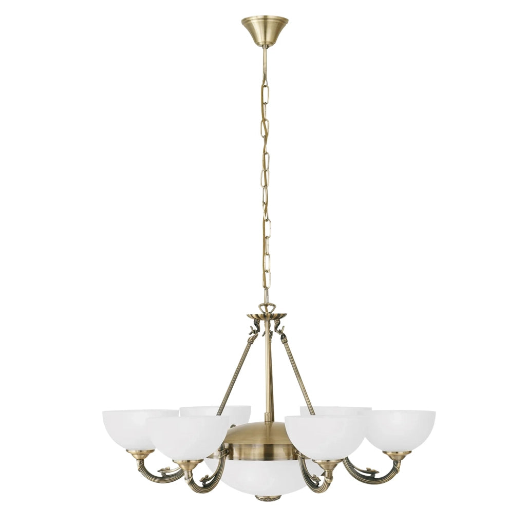 Lampadario A Sospensione Vintage Savoy Metallo Brunito Vetro 6 Luci E14