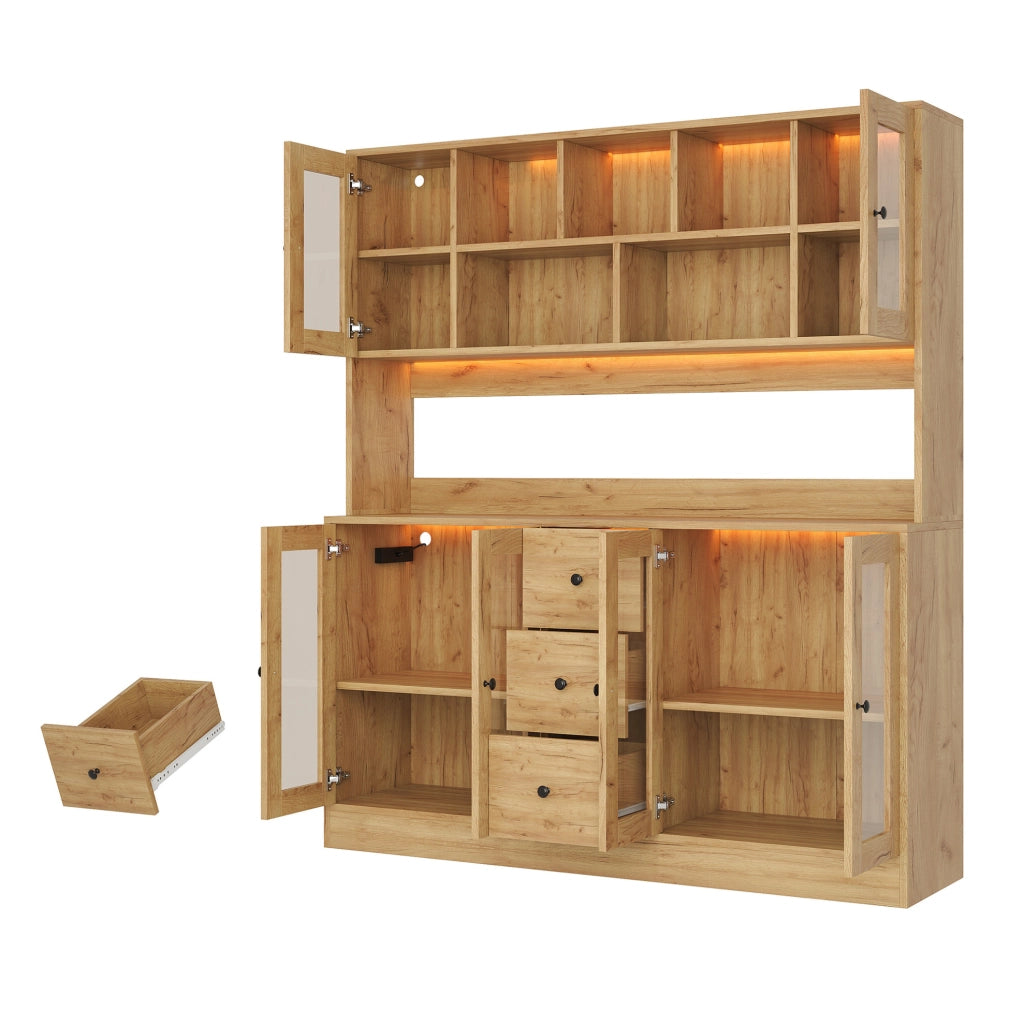 Mobile cucina ULEVR 150x40x173 cm con LED RGB, prese e USB, 3 cassetti e ripiani regolabili, naturale