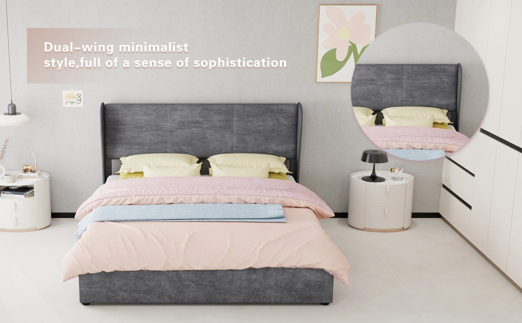 Letto matrimoniale 160 × 200 cm con testiera imbottita, senza materasso, in tessuto e metallo, grigio