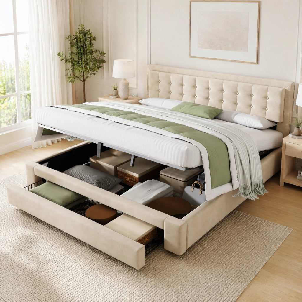Letto matrimoniale 160x200 cm in velluto beige con contenitore; testiera regolabile e cassetti