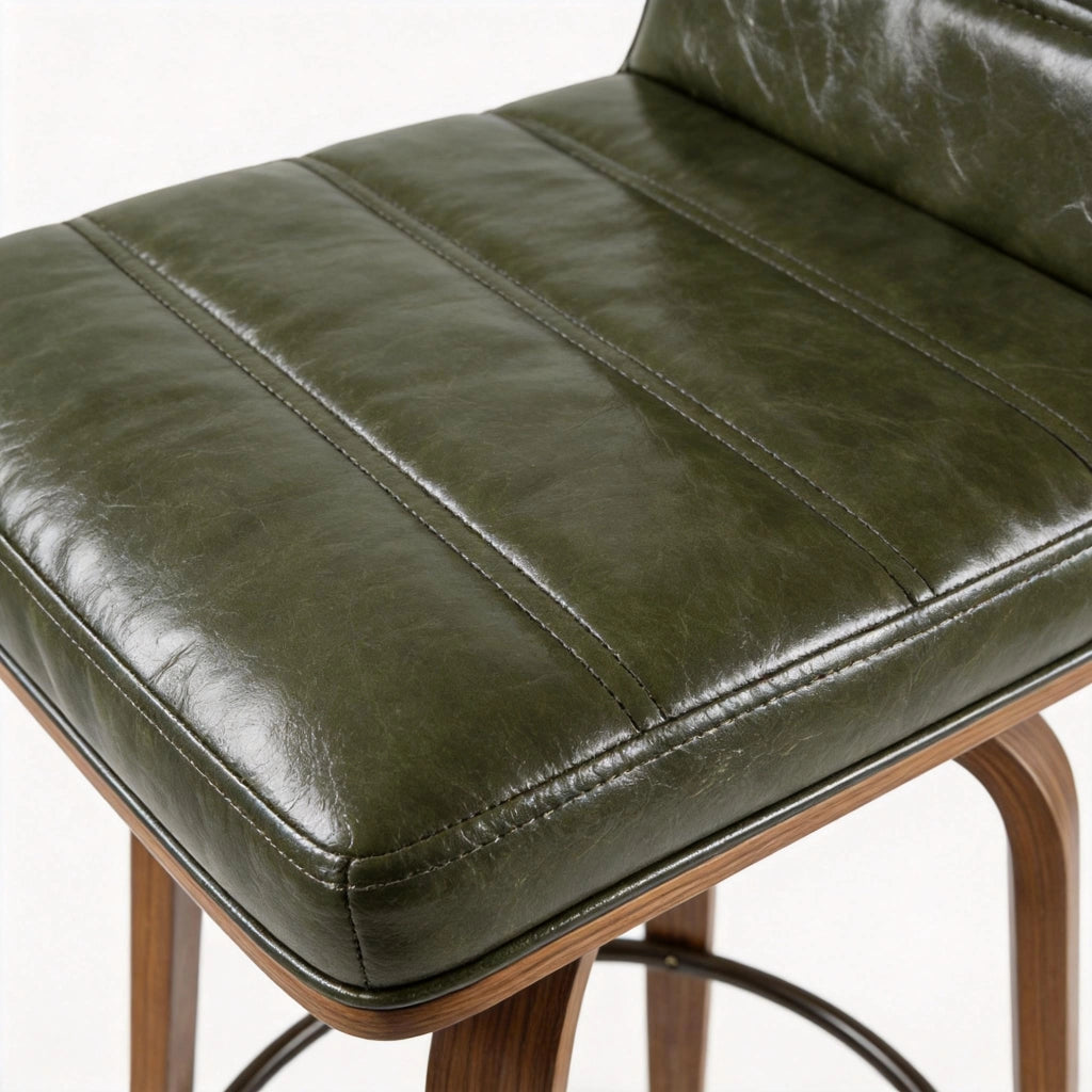 Sgabello da bar in pelle PU con schienale ergonomico e anello poggiapiedi in metallo e legno verde