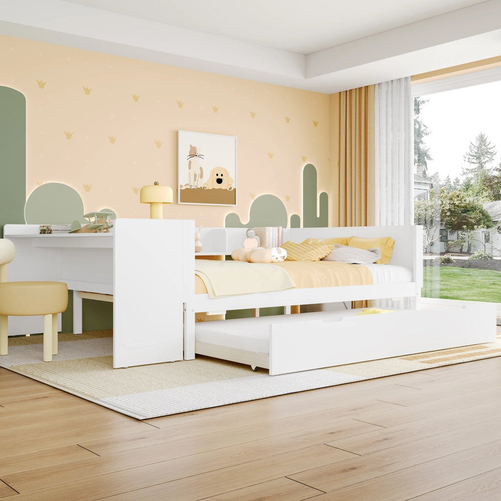 DESMIU Letto Matrimoniale con Letto Estraibile 140 × 200 cm, Scrivania, 3 Scaffali e Comodino, senza materasso