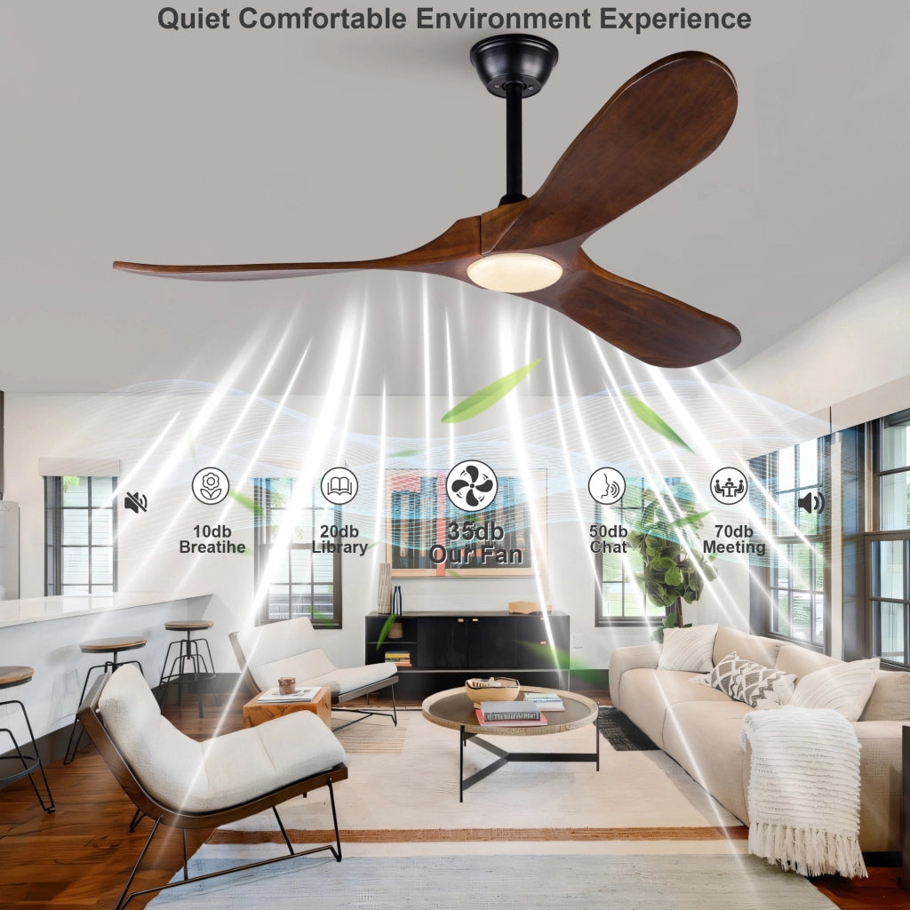 Ventilatore da soffitto 52 pollici con luce, 3 pale legno massello, 3CCT, motore DC silenzioso reversibile, telecomando, moderno