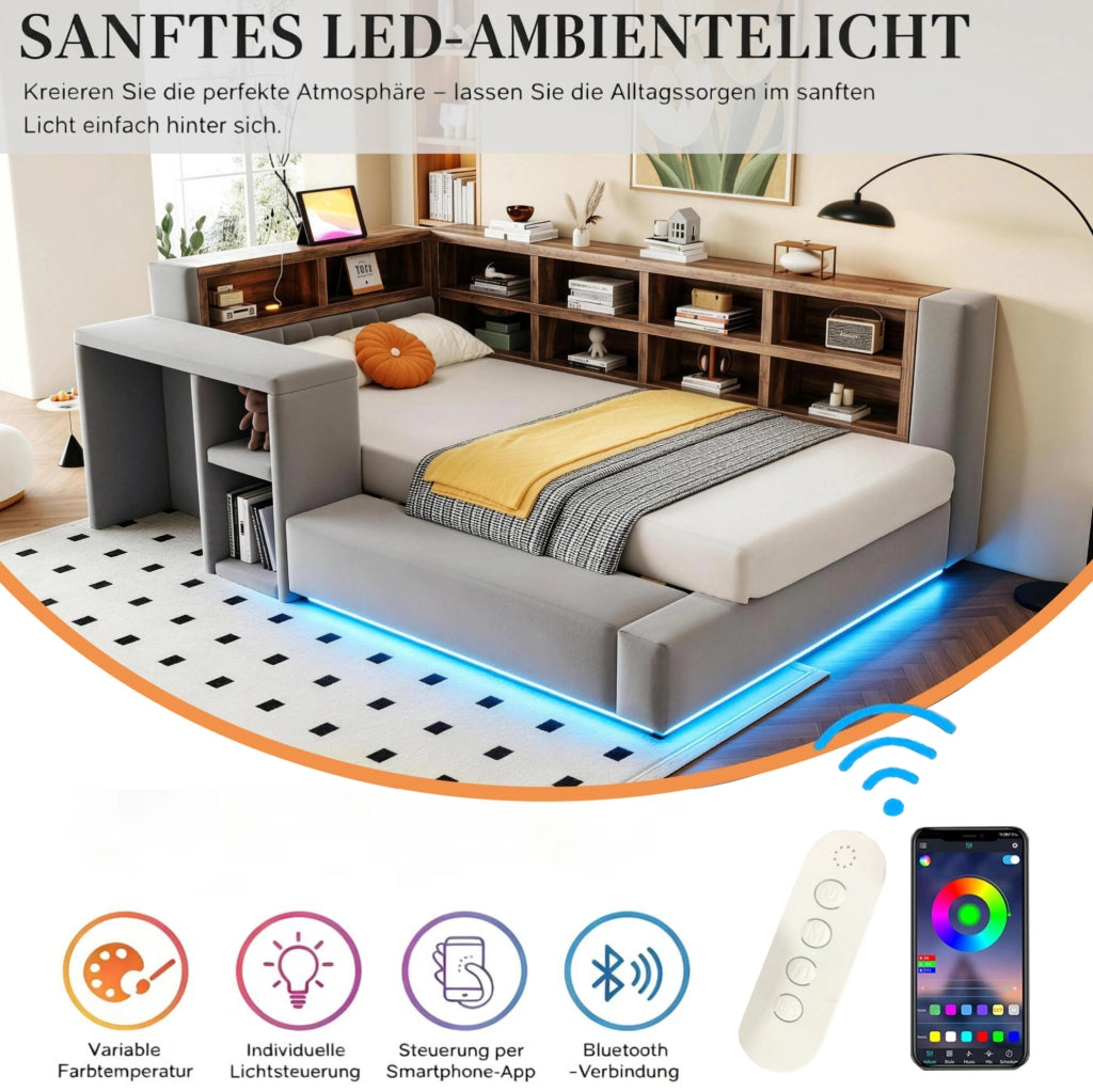 Letto imbottito 90 x 200 cm grigio scuro con LED, prese e vani