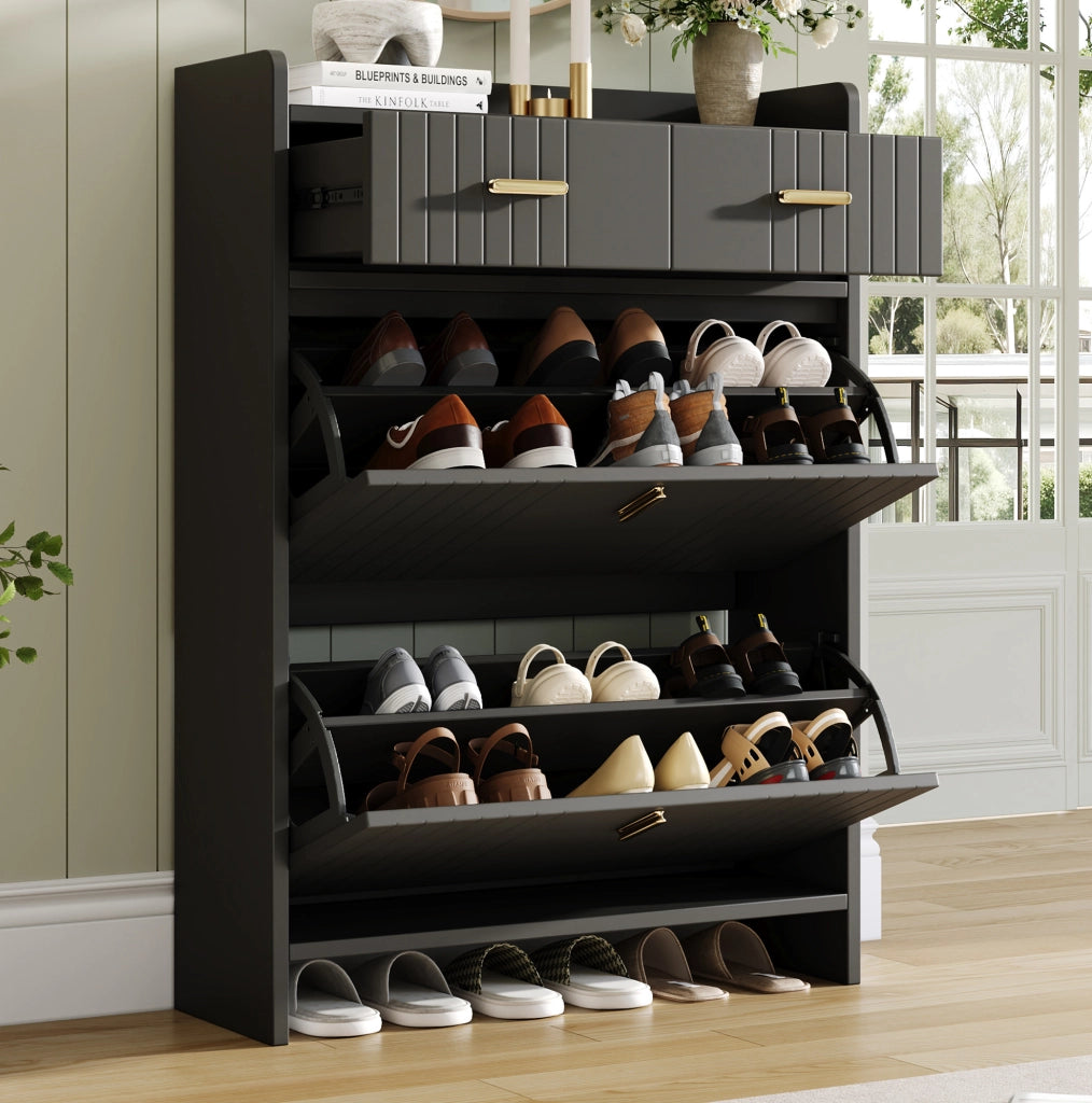 Scarpiera a ribalta 75x24x108，5 cm nera， ingresso， 2 cassetti