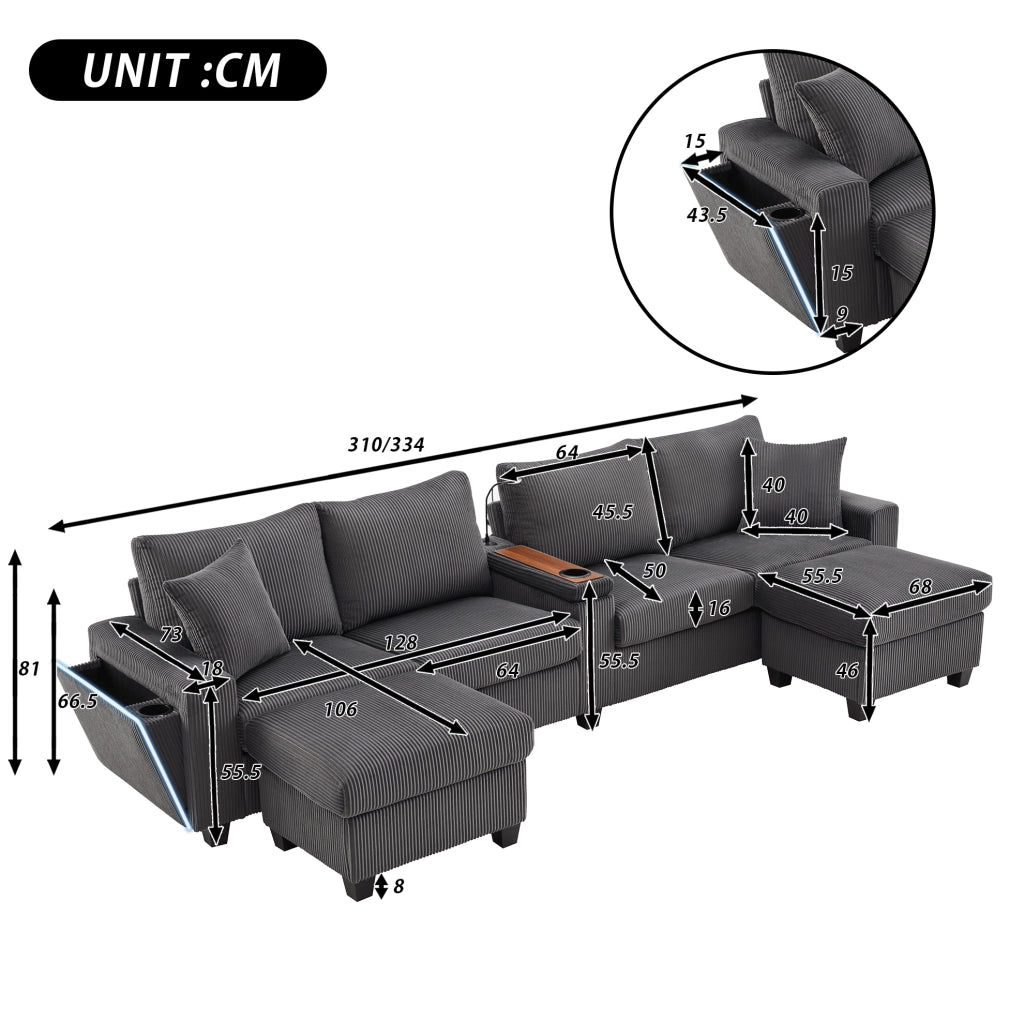 Divano a U ULEVR 334x128,5x81 cm in velluto a coste grigio con 2 pouf contenitore, LED, USB e Type-C