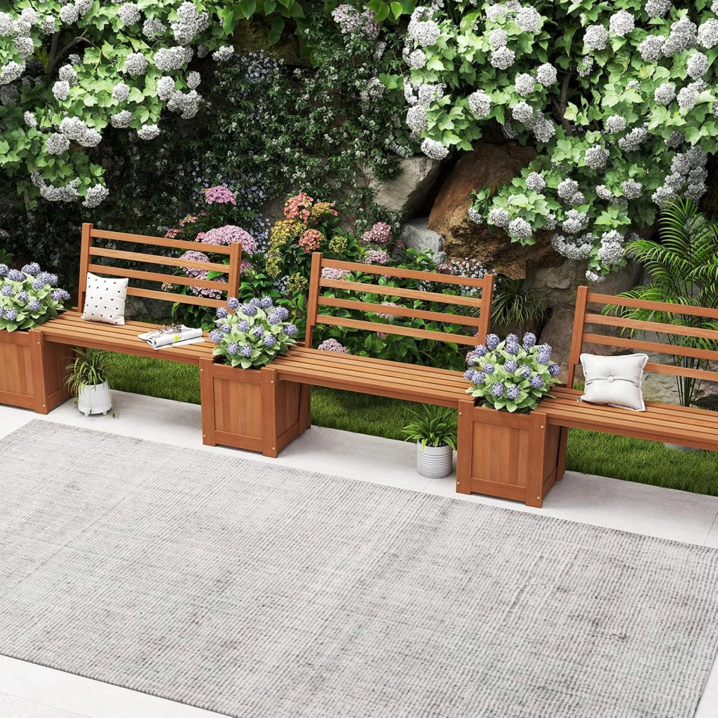 Fioriera da Esterno in Legno con Panca, Panchina da Giardino con 2 Fioriere, Schienale, Base Aperta e Finitura ad Olio di Teak, Contenitore Decorativo per Piante da Cortile e Balcone