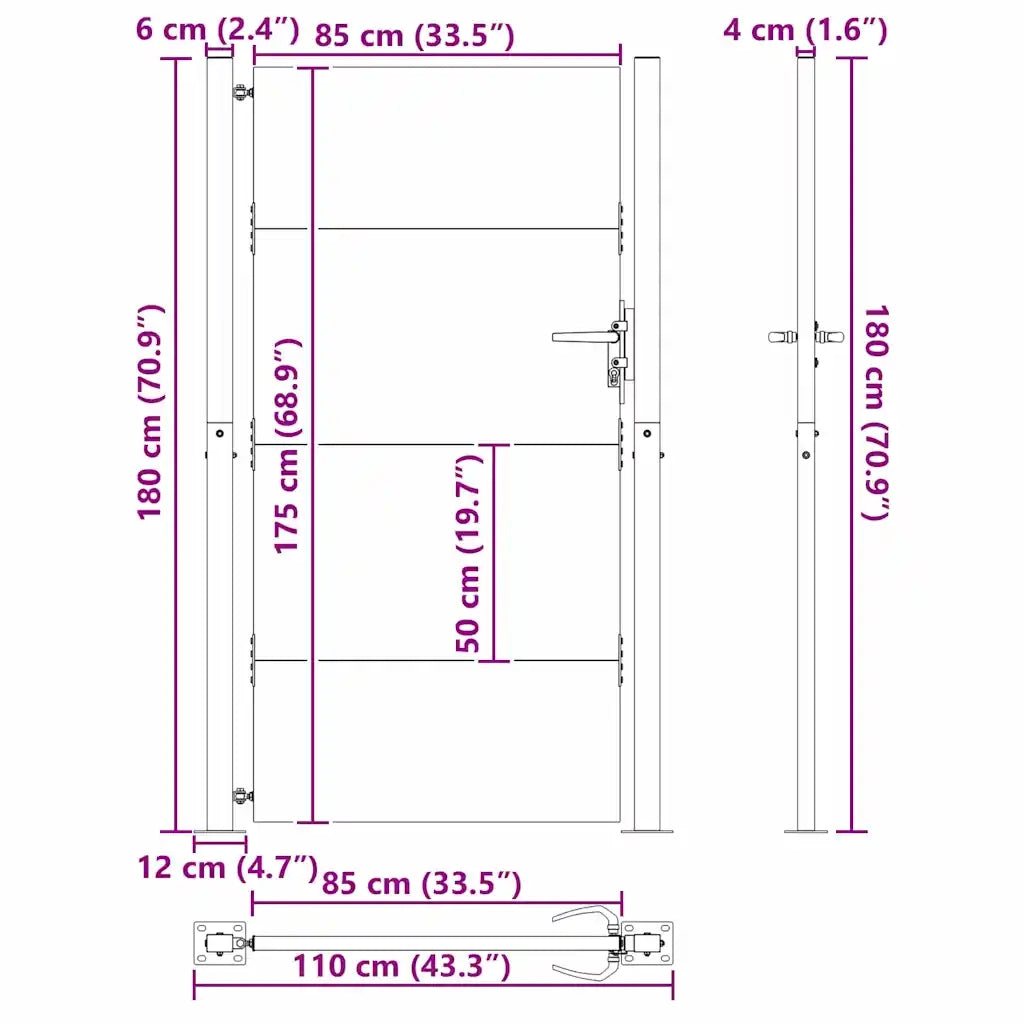vidaXL Cancello da giardino con blocco Nero 105 x 175 cm