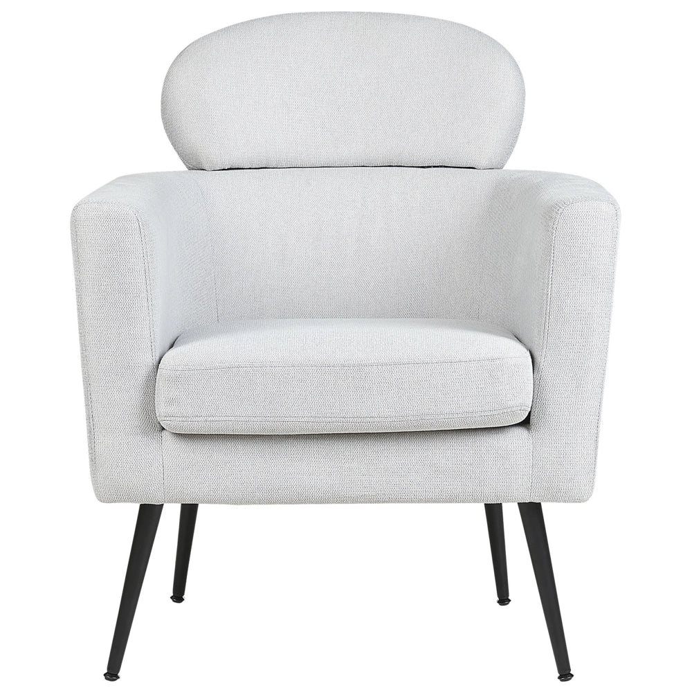 Poltrona da salotto con poggiatesta in tessuto grigio chiaro con gambe nere elegante soggiorno glamour